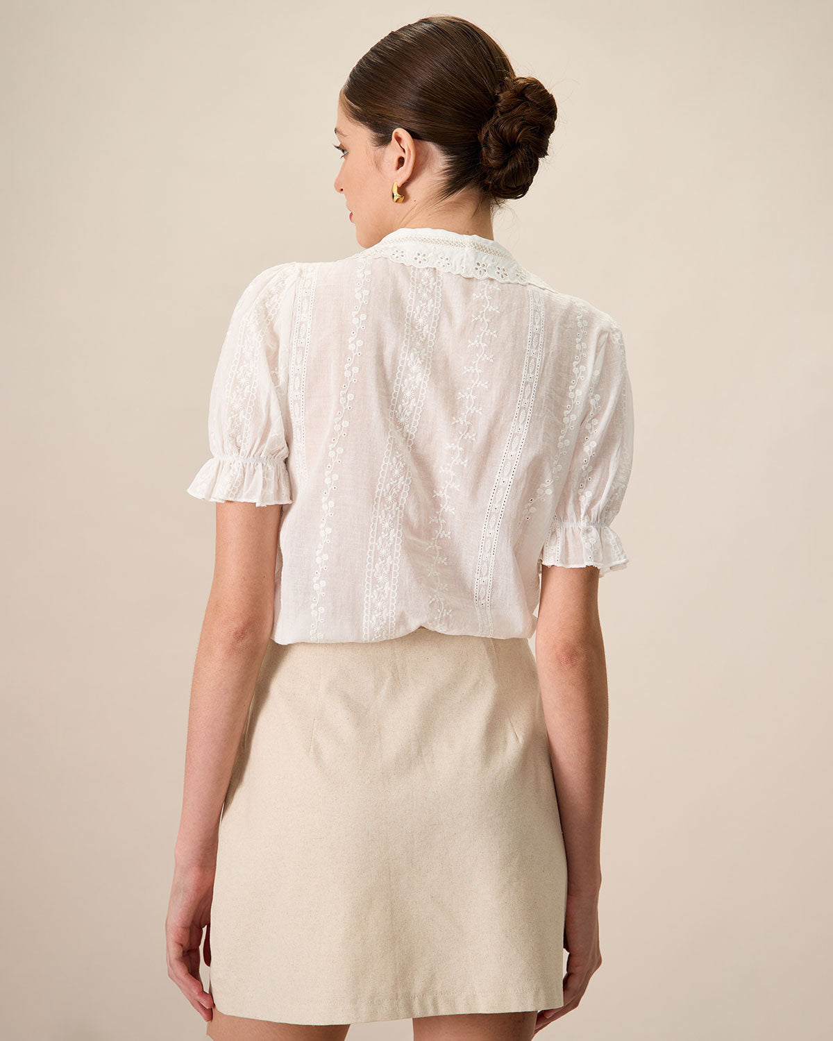 Blusa Blanca Con Cuello Encaje Bordado Algodón