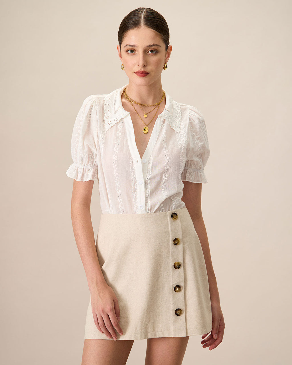 Blusa Blanca Con Cuello Encaje Bordado Algodón