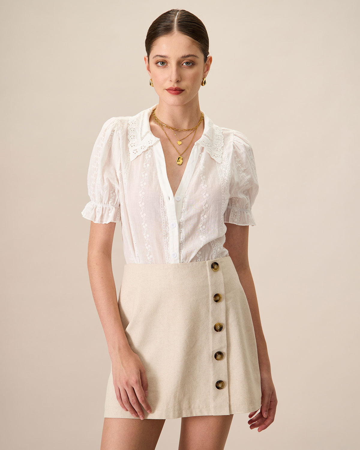 Blusa Blanca Con Cuello Encaje Bordado Algodón