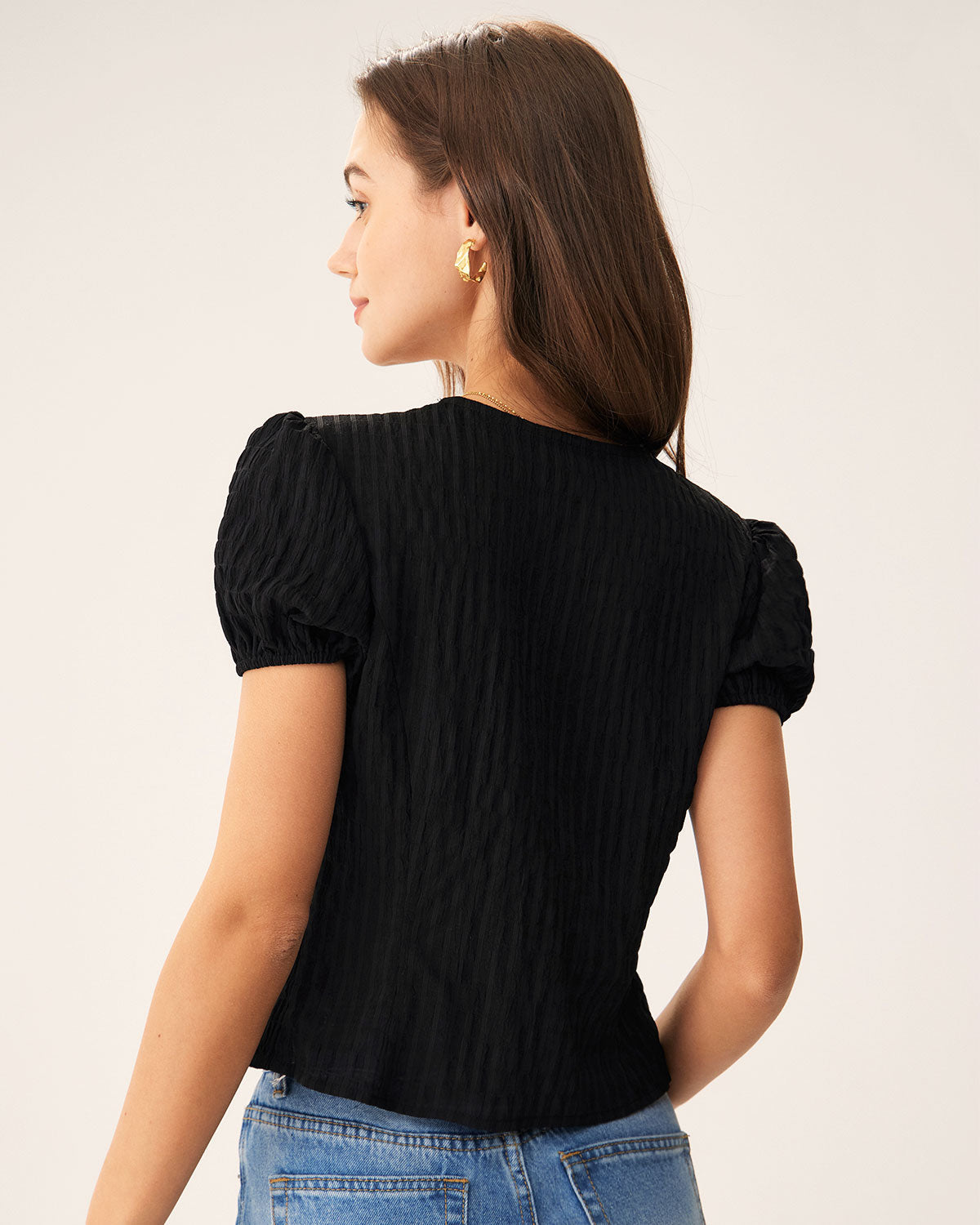 Blusa Negra Jacquard Encaje Botones