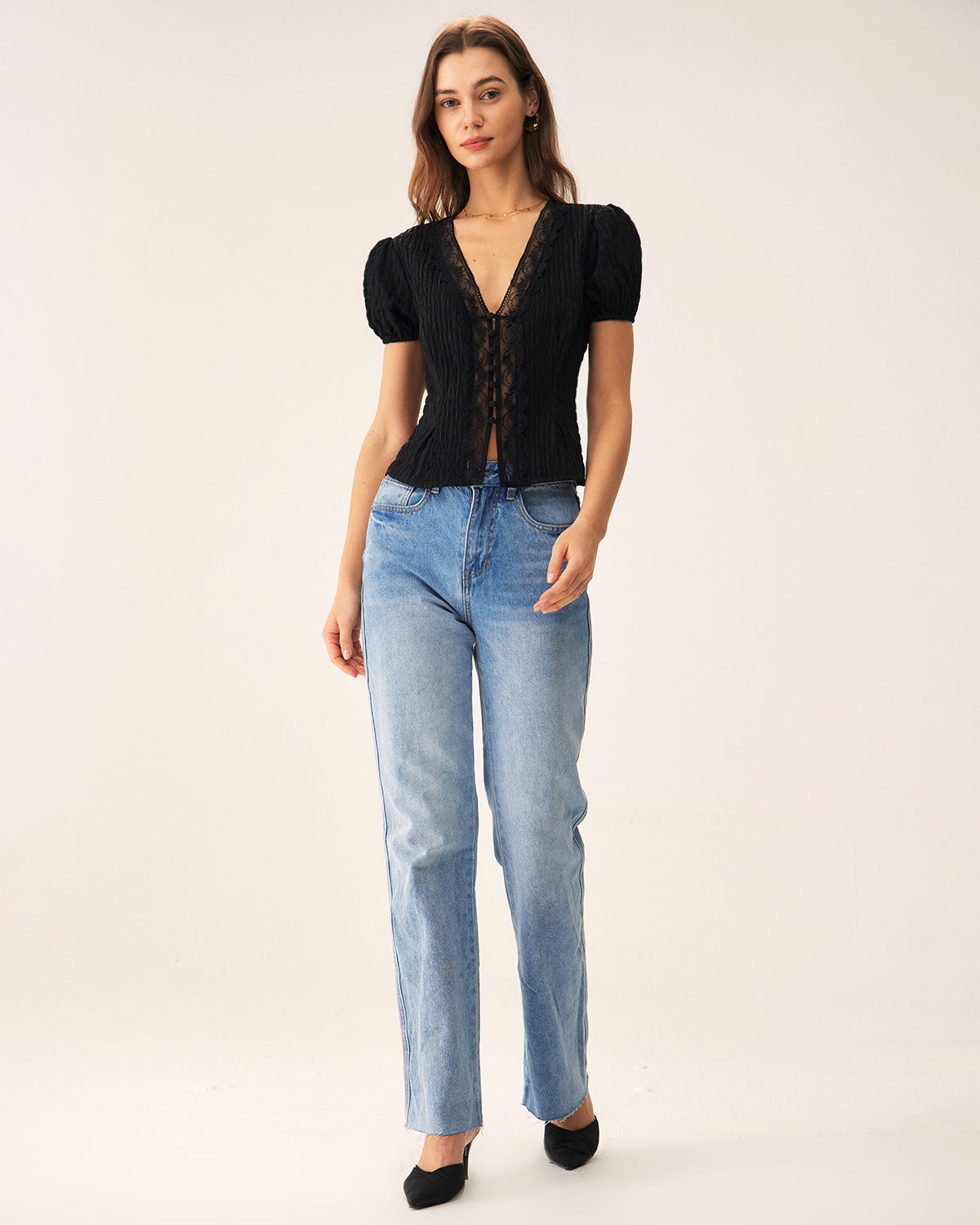 Blusa Negra Jacquard Encaje Botones
