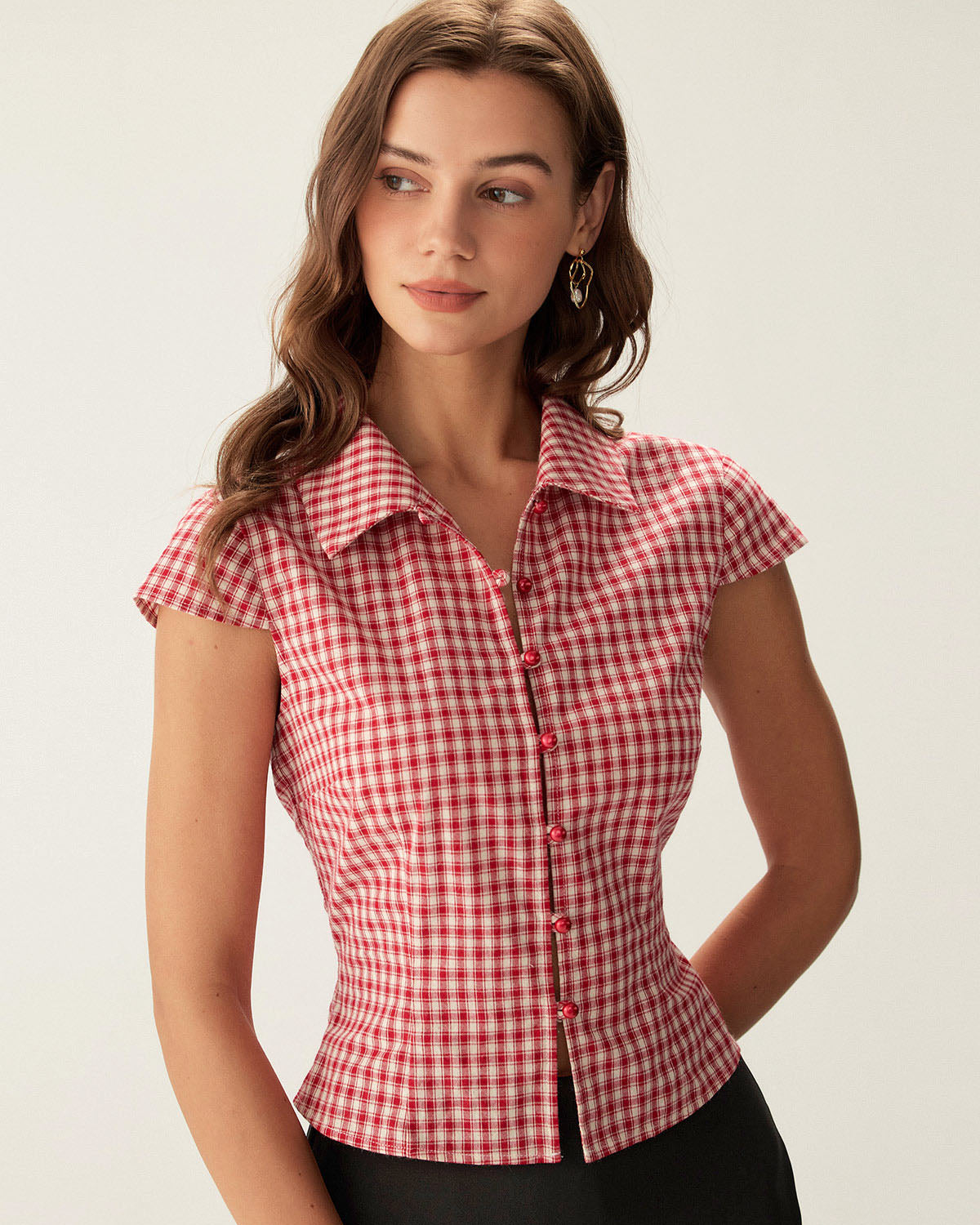Blusa Roja Cuadros Manga Corta Abullonada Botones