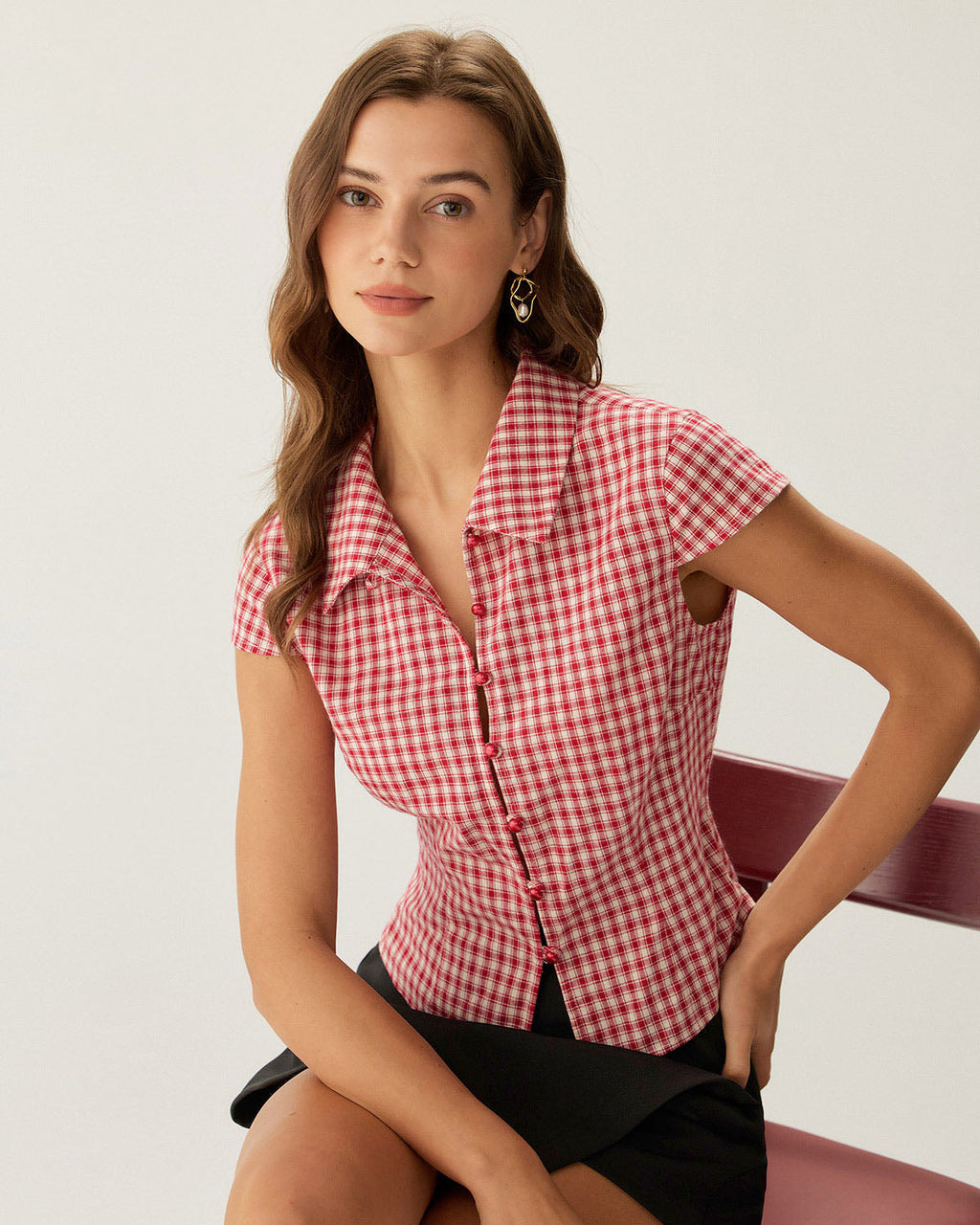 Blusa Roja Cuadros Manga Corta Abullonada Botones