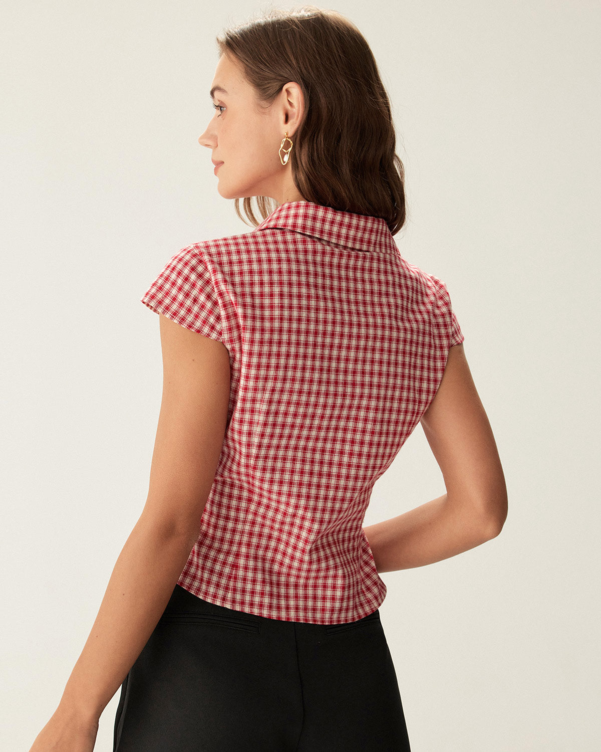 Blusa Roja Cuadros Manga Corta Abullonada Botones