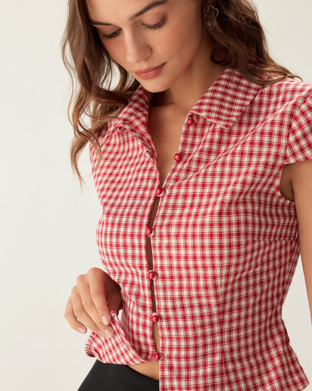Blusa Roja Cuadros Manga Corta Abullonada Botones