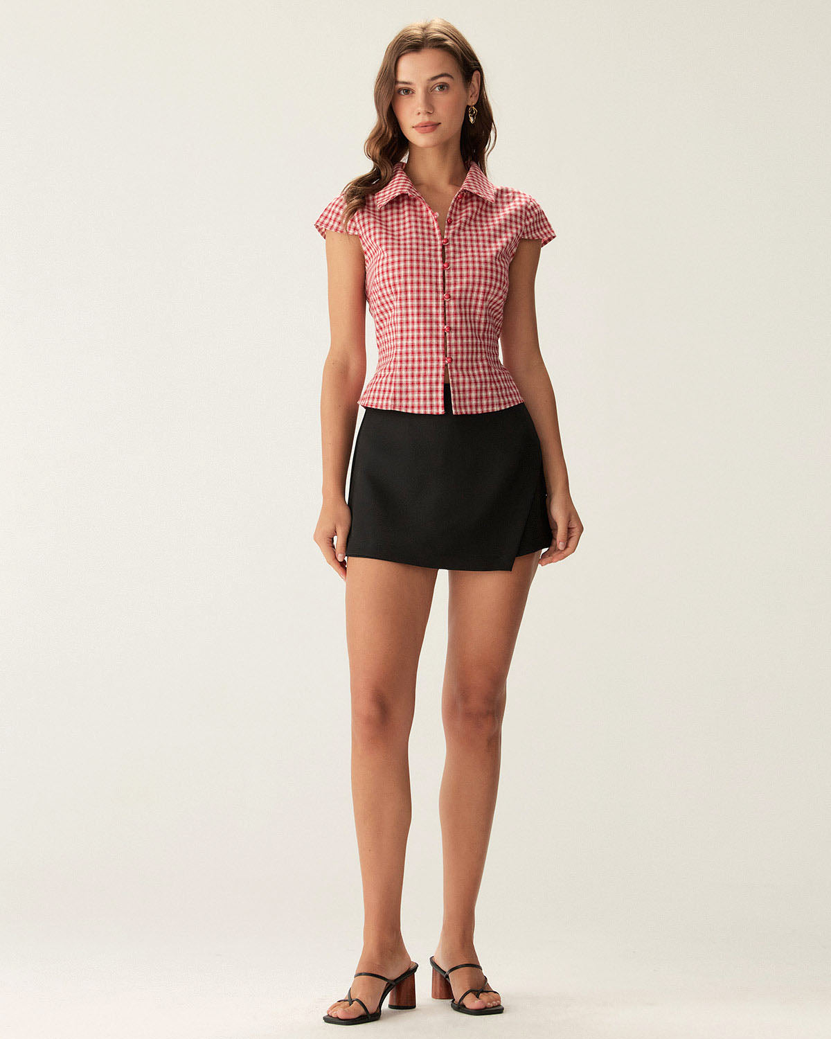 Blusa Roja Cuadros Manga Corta Abullonada Botones