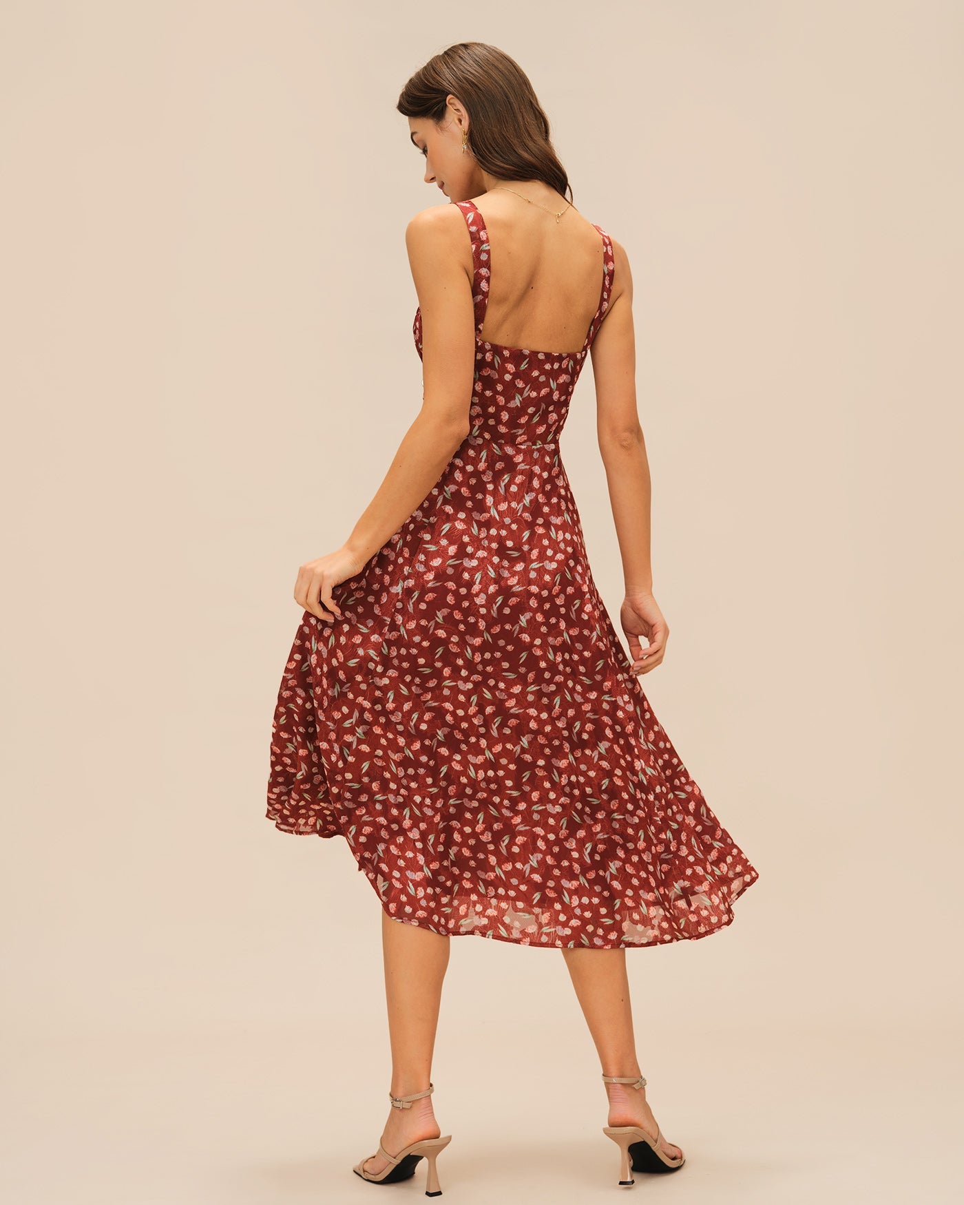 Vestido Midi Rojo Vino Floral Lencero