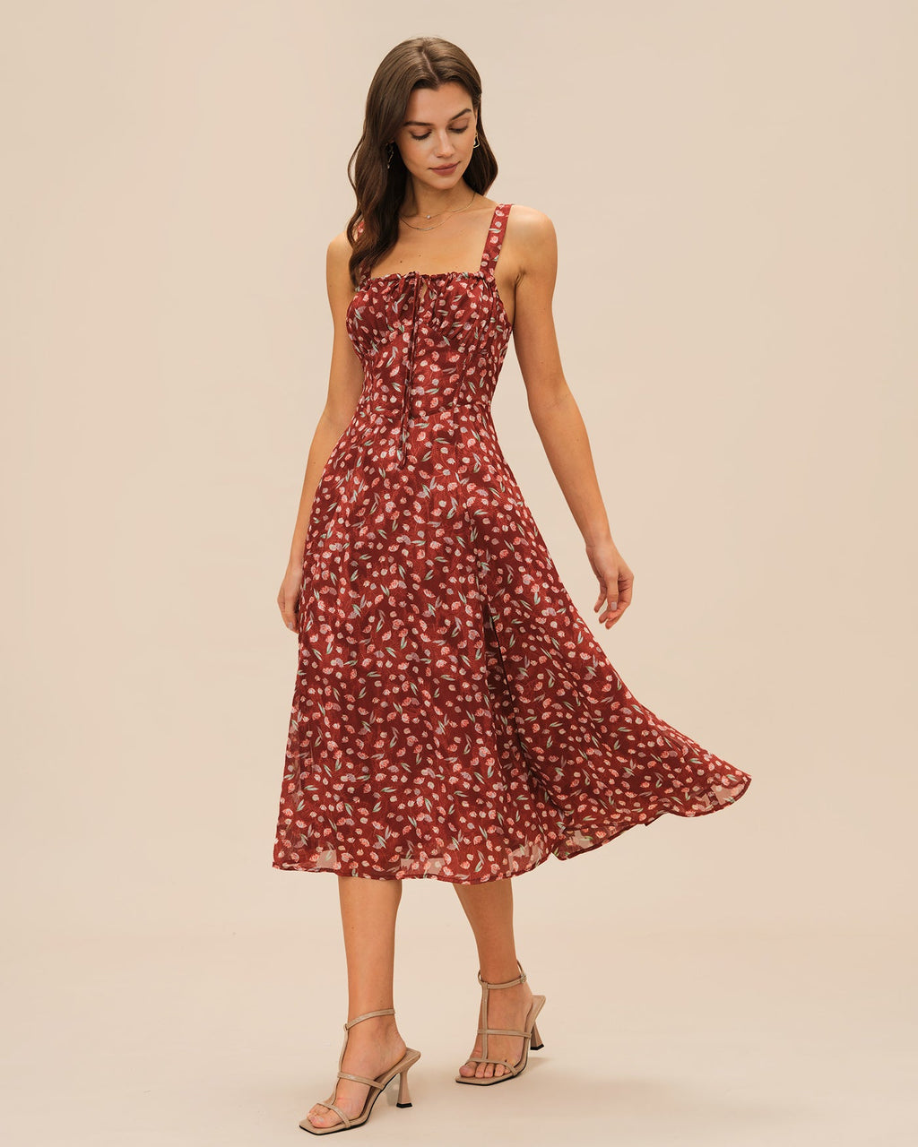 Vestido Midi Rojo Vino Floral Lencero