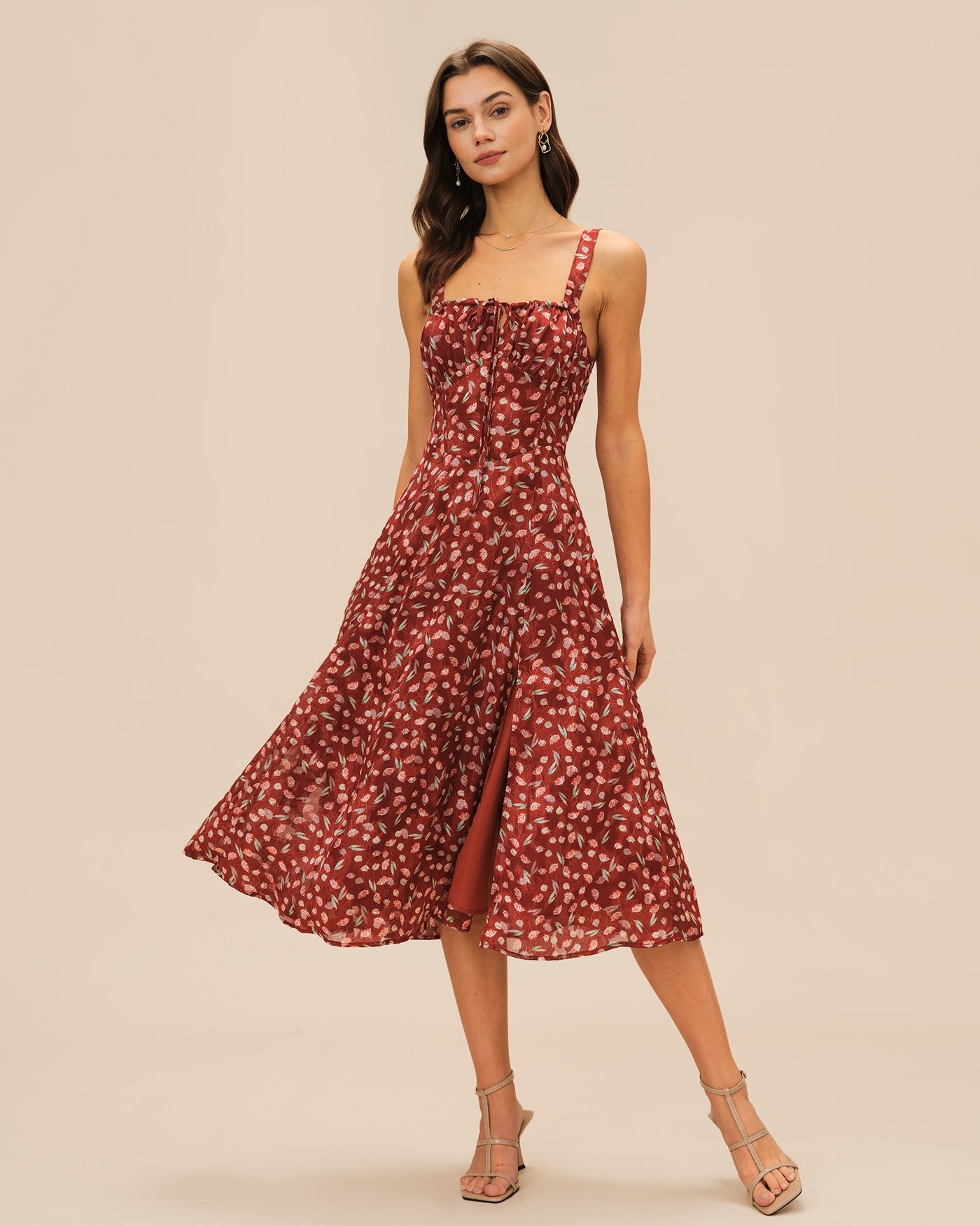 Vestido Midi Rojo Vino Floral Lencero