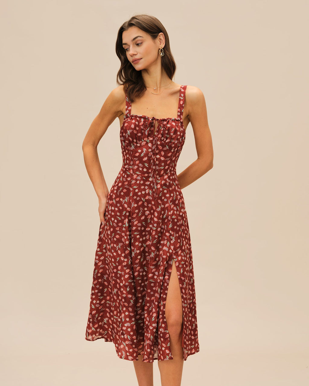 Vestido Midi Rojo Vino Floral Lencero