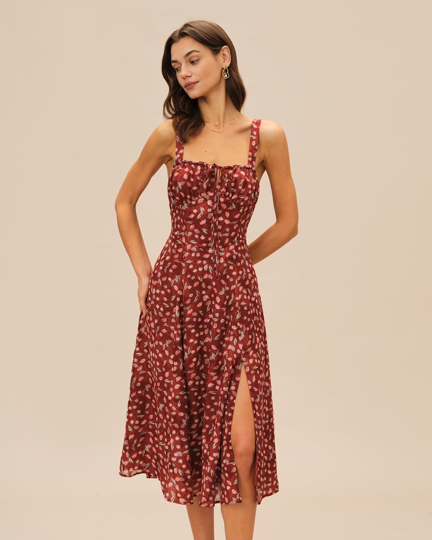 Vestido Midi Rojo Vino Floral Lencero