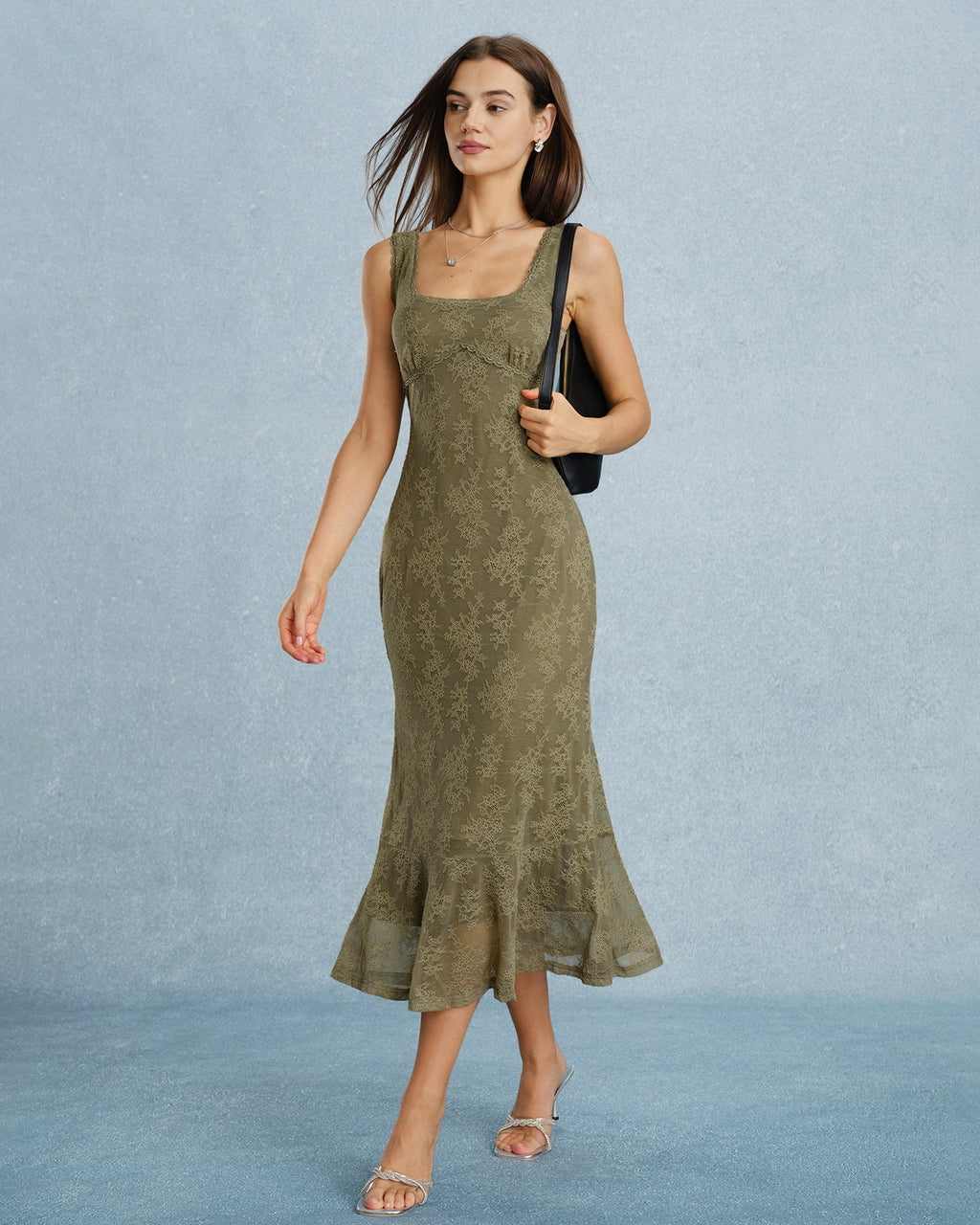 Vestido Midi Verde Cuello Cuadrado Encaje Floral