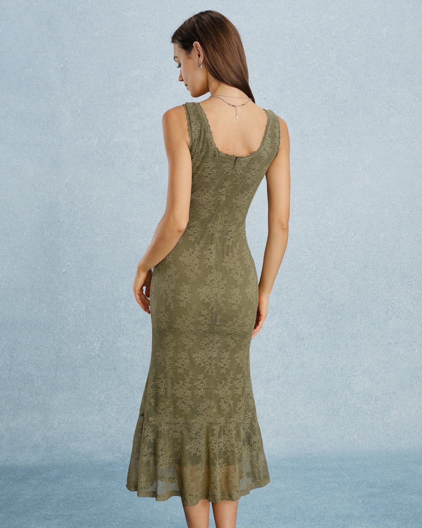 Vestido Midi Verde Cuello Cuadrado Encaje Floral