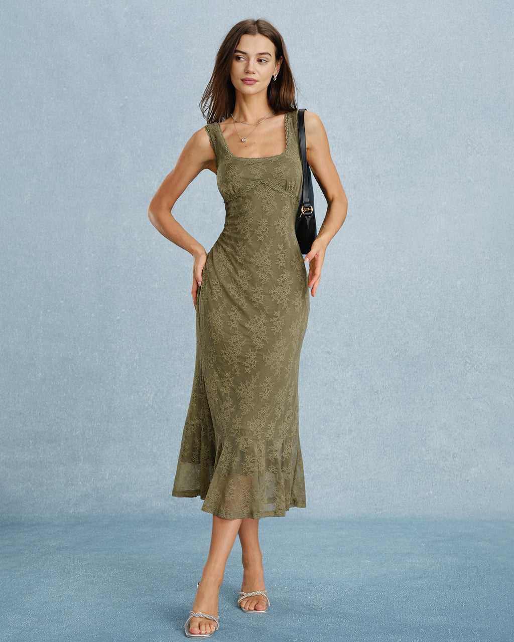 Vestido Midi Verde Cuello Cuadrado Encaje Floral