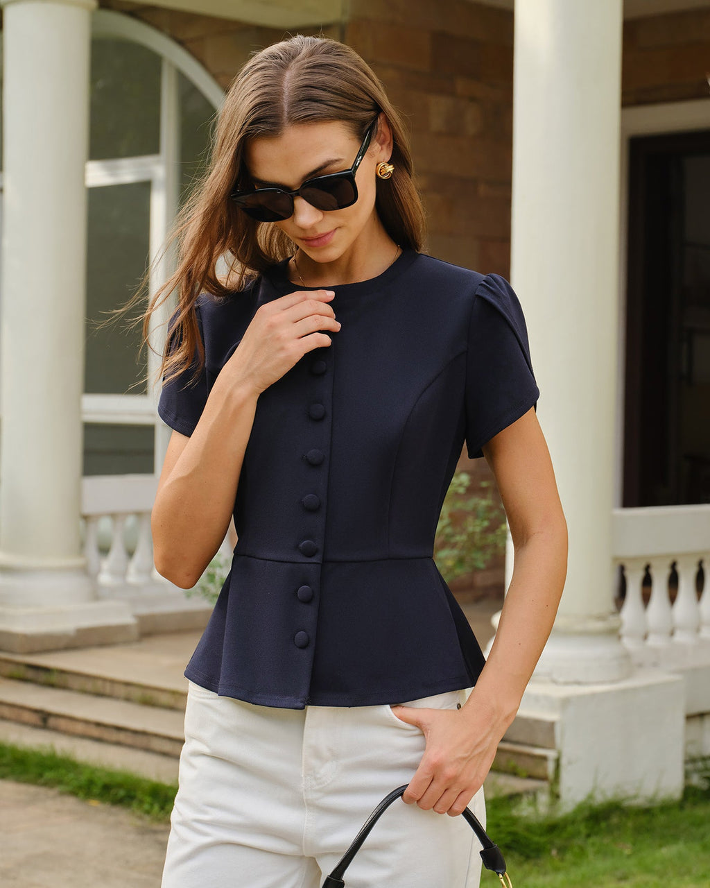 Blusa Azul Marino Cuello Redondo Manga Pétalo