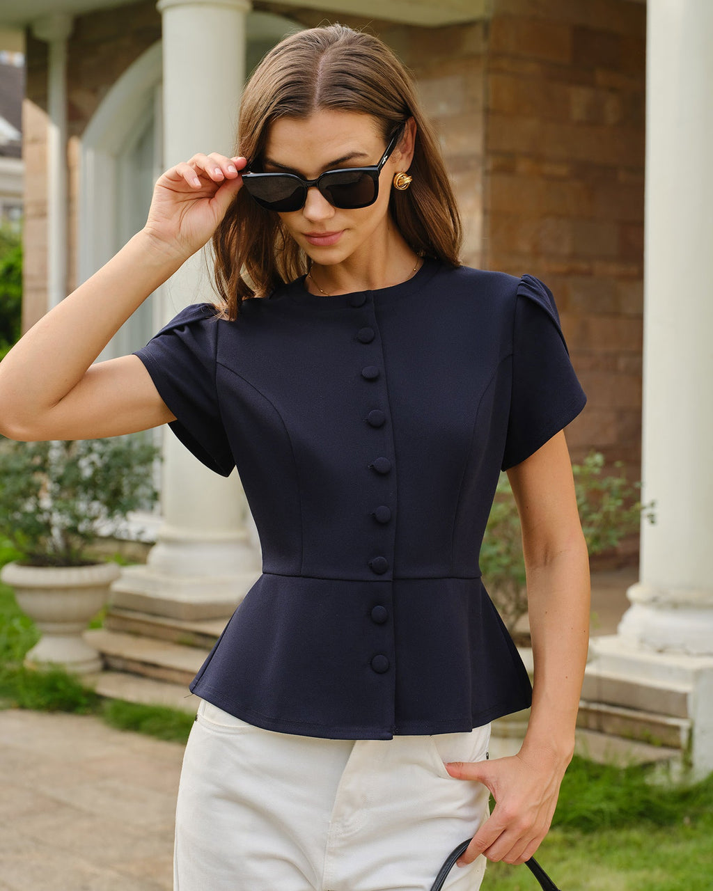 Blusa Azul Marino Cuello Redondo Manga Pétalo