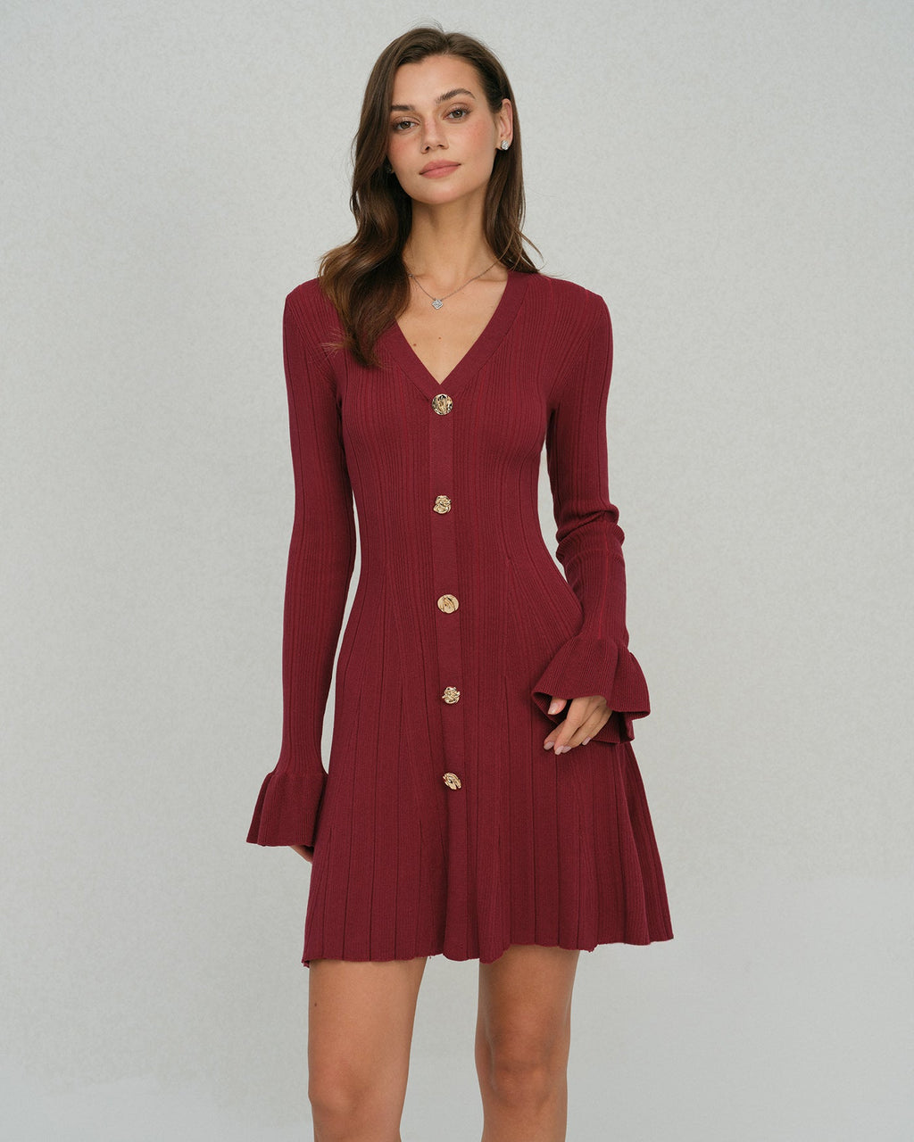 Vestido de Punto Rojo Vino Manga Campana Cuello V