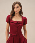Blusa Roja Cuello Cuadrado Cruce en X Con Lazo
