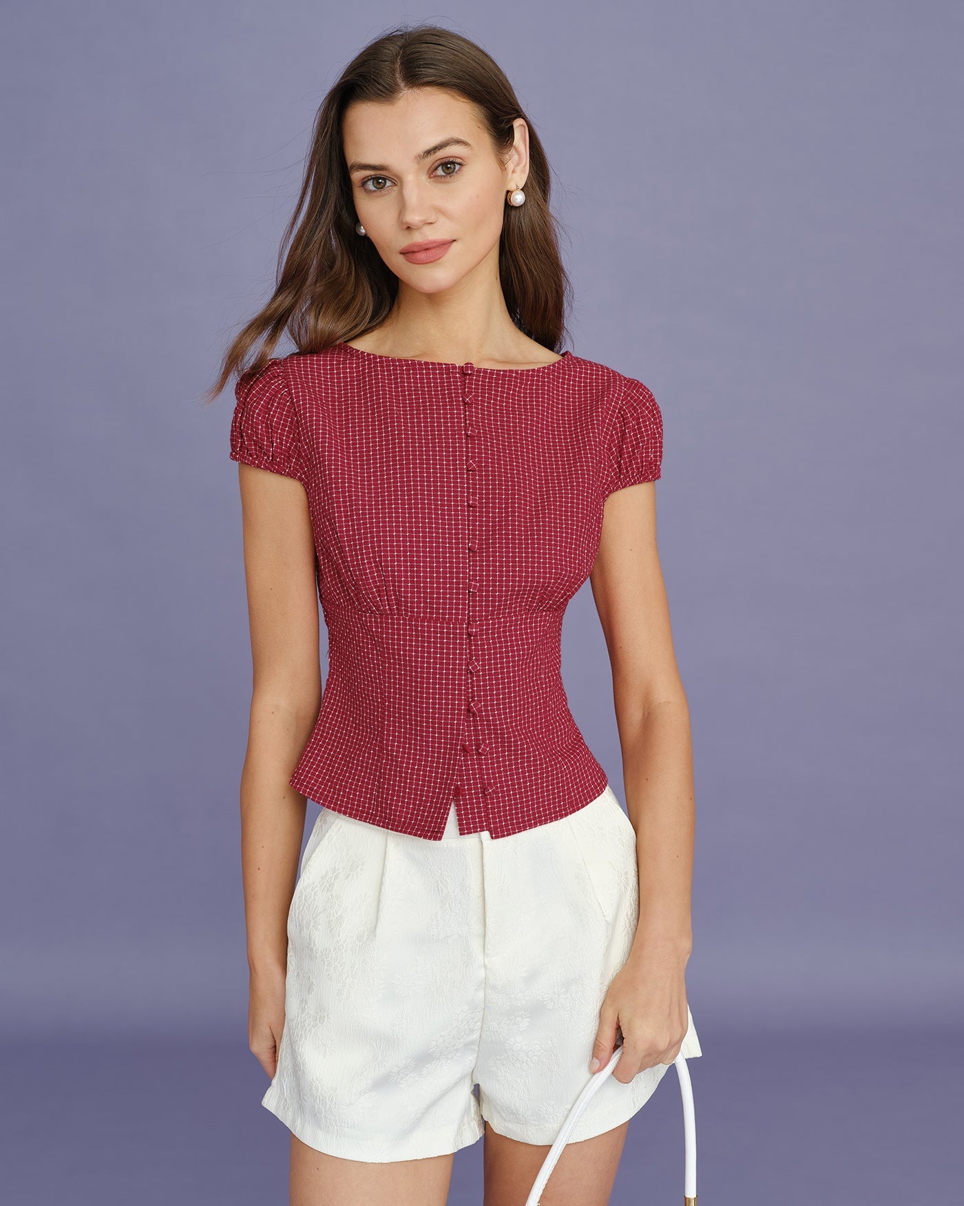 Blusa Roja Cuello Barco Cuadros
