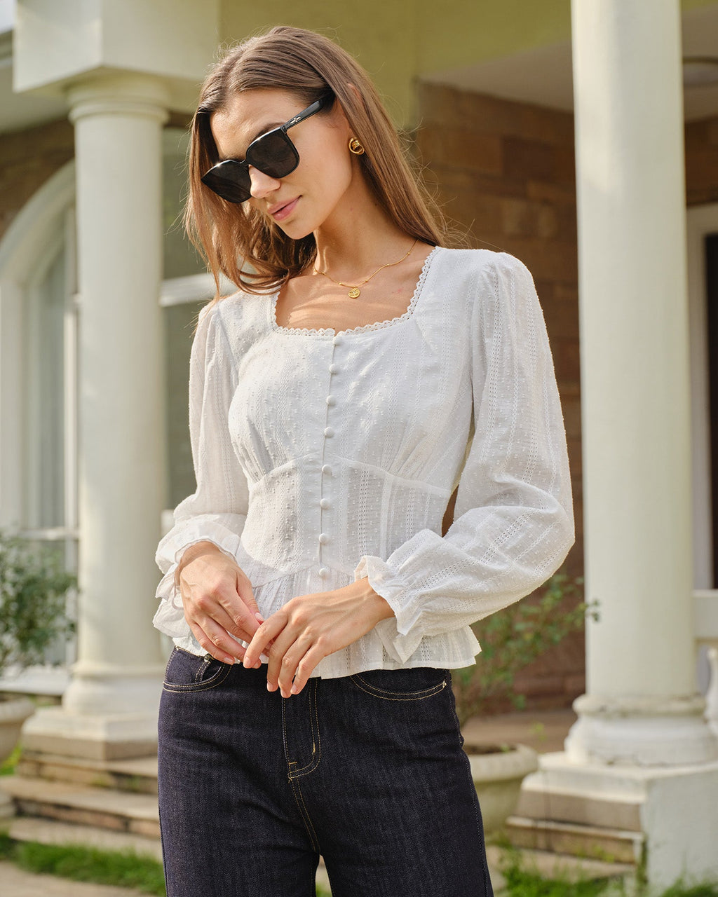 Blusa Blanca Cuello Cuadrado Texturizado