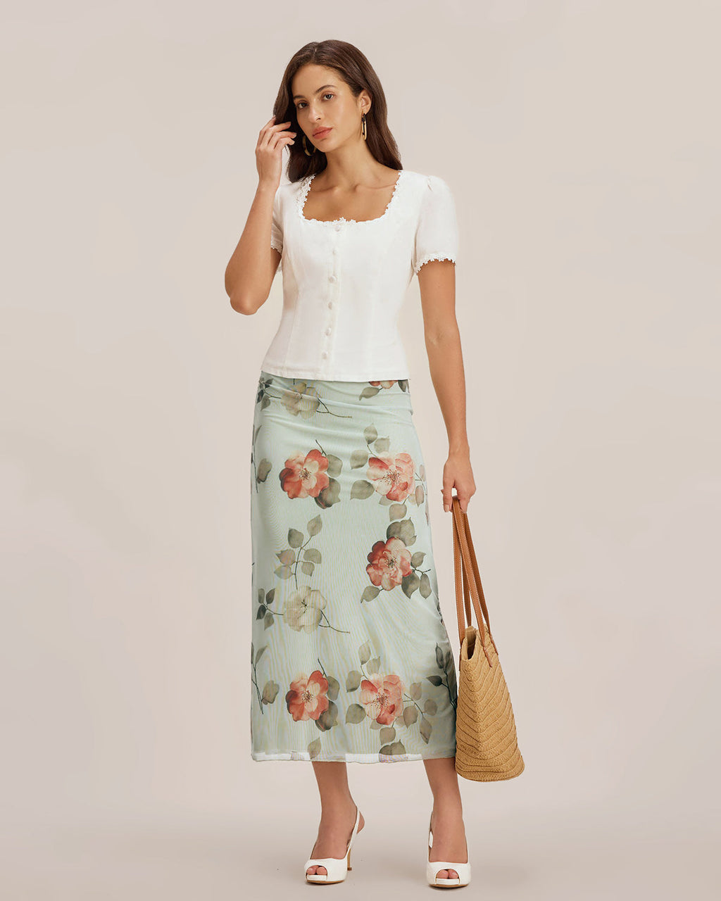 Blusa Blanca Cuello Cuadrado Botones Encaje