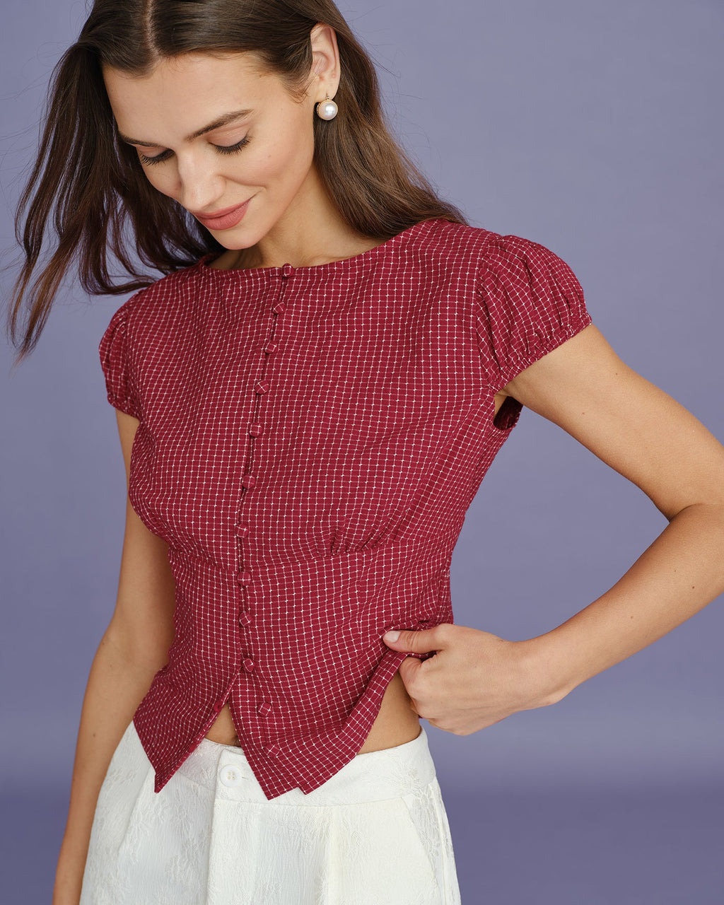 Blusa Roja Cuello Barco Cuadros