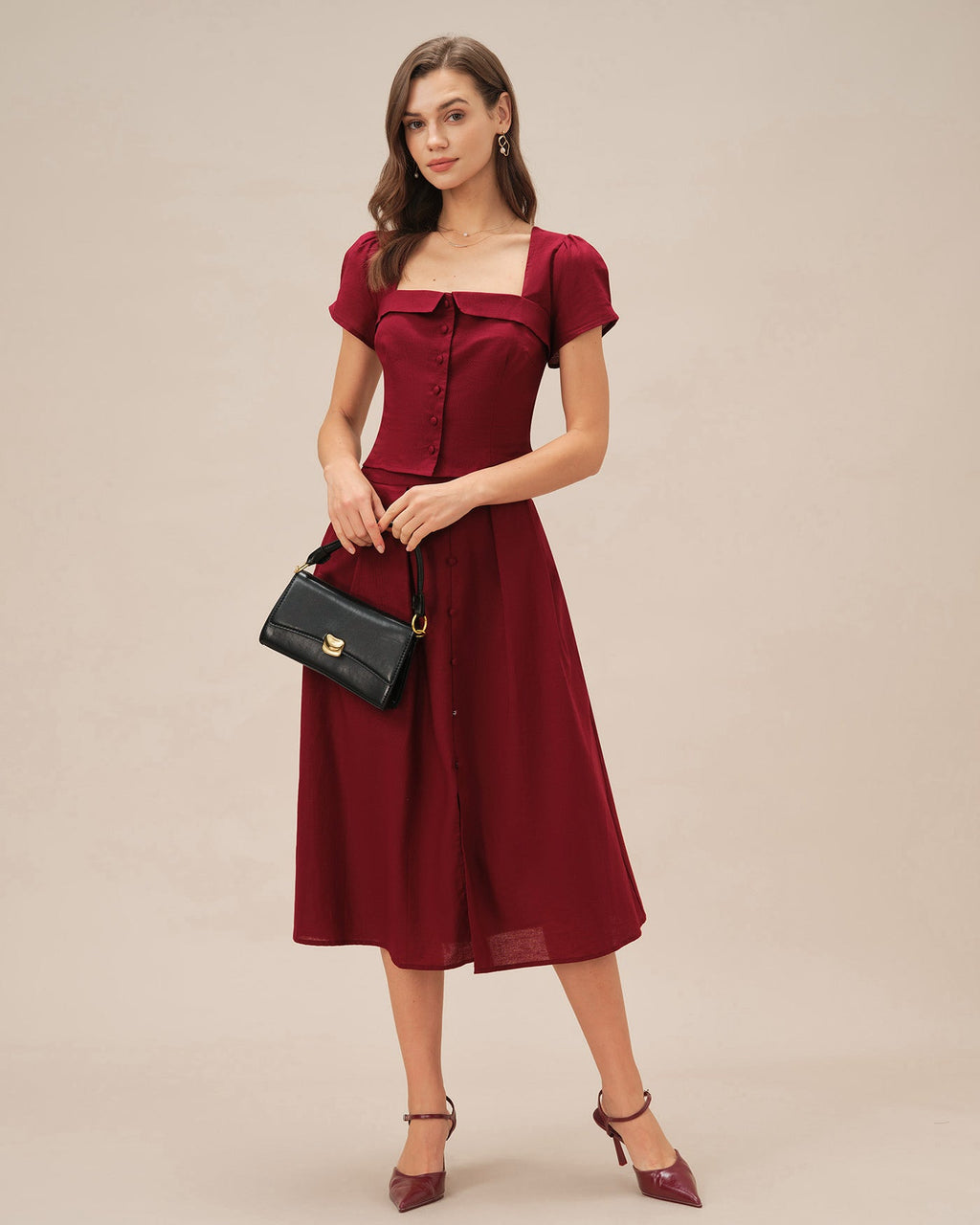 Blusa Roja Cuello Cuadrado Cruce en X Con Lazo