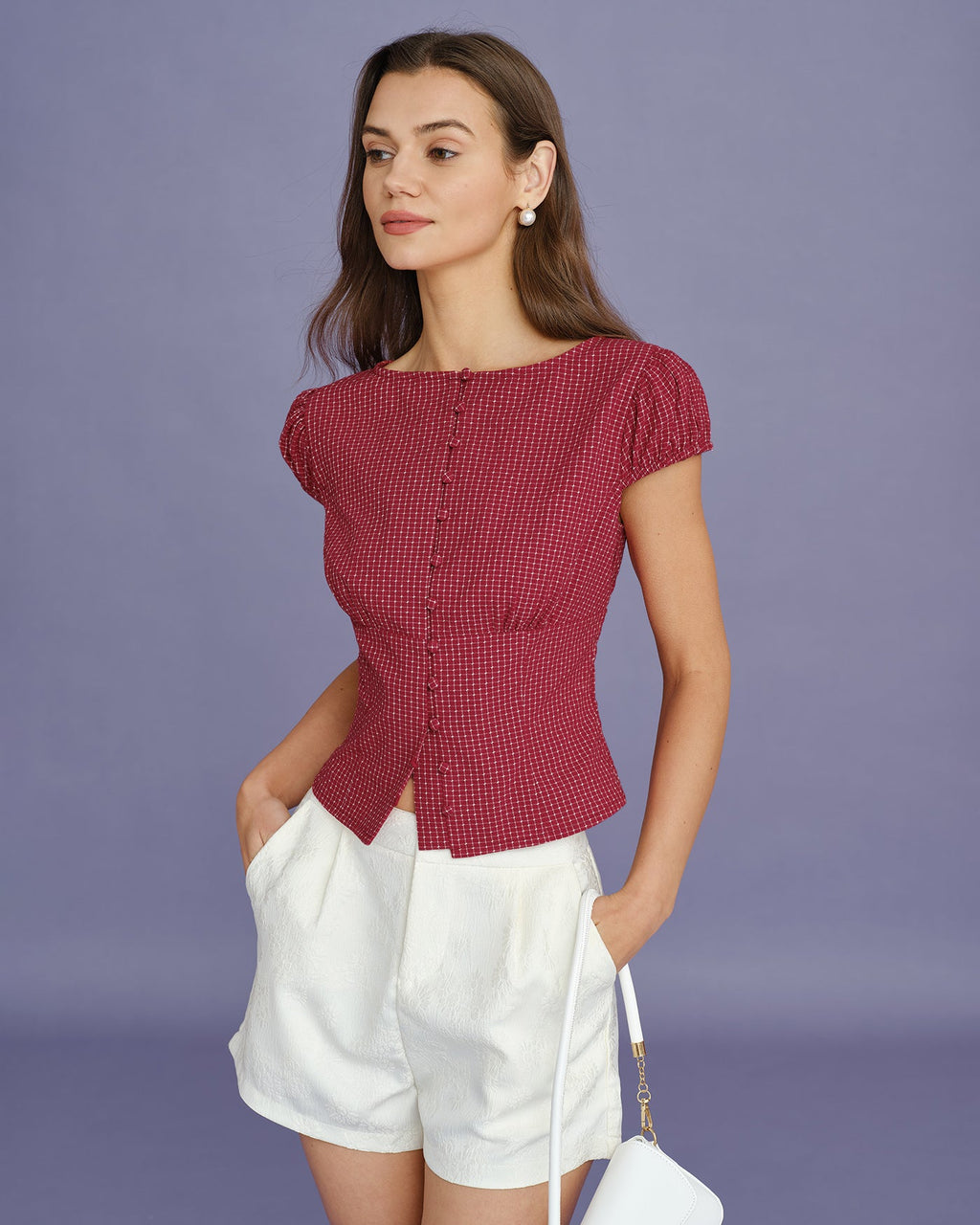 Blusa Roja Cuello Barco Cuadros