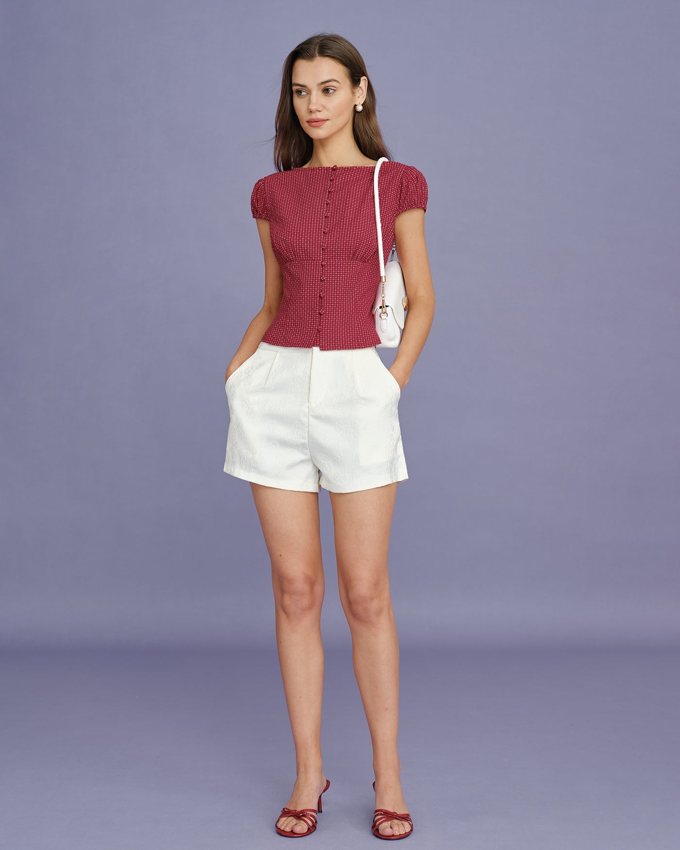 Blusa Roja Cuello Barco Cuadros