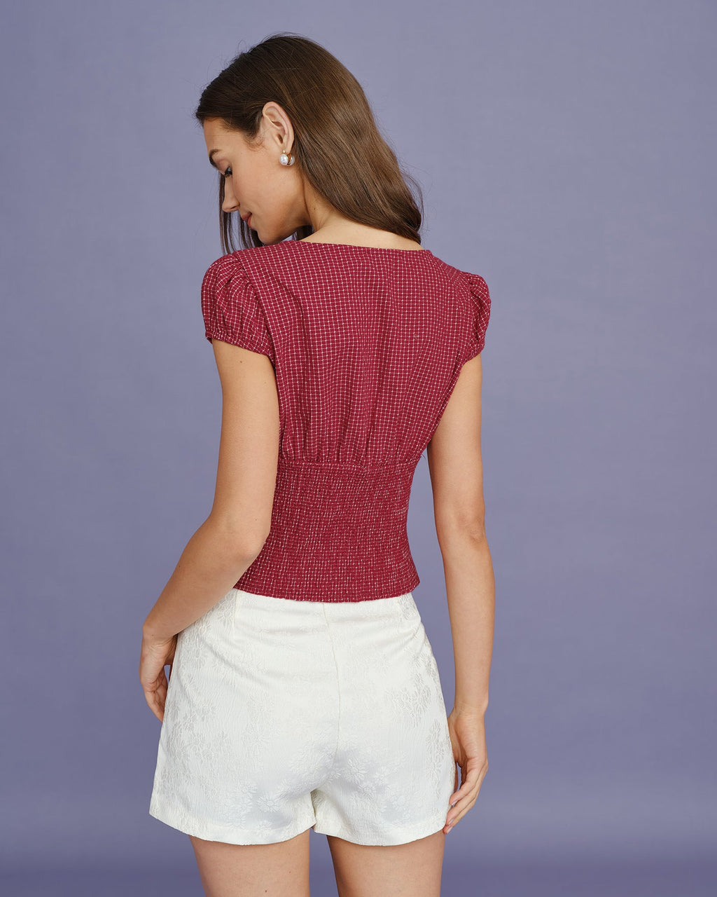 Blusa Roja Cuello Barco Cuadros