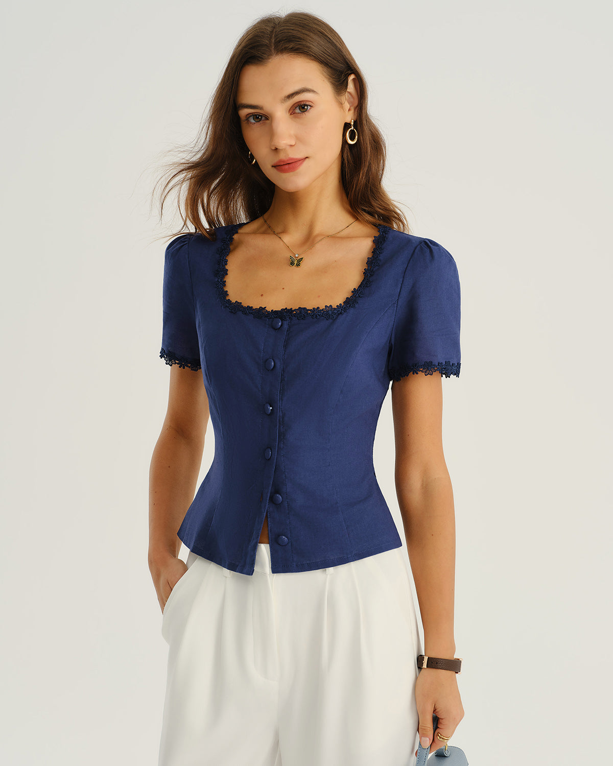Blusa Azul Marino Cuello Cuadrado Botones