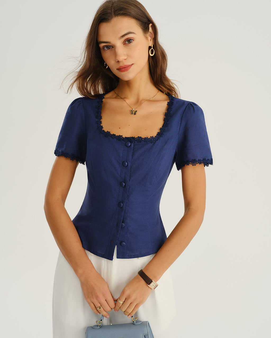 Blusa Azul Marino Cuello Cuadrado Botones