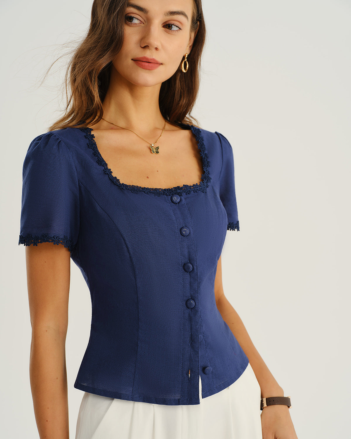 Blusa Azul Marino Cuello Cuadrado Botones