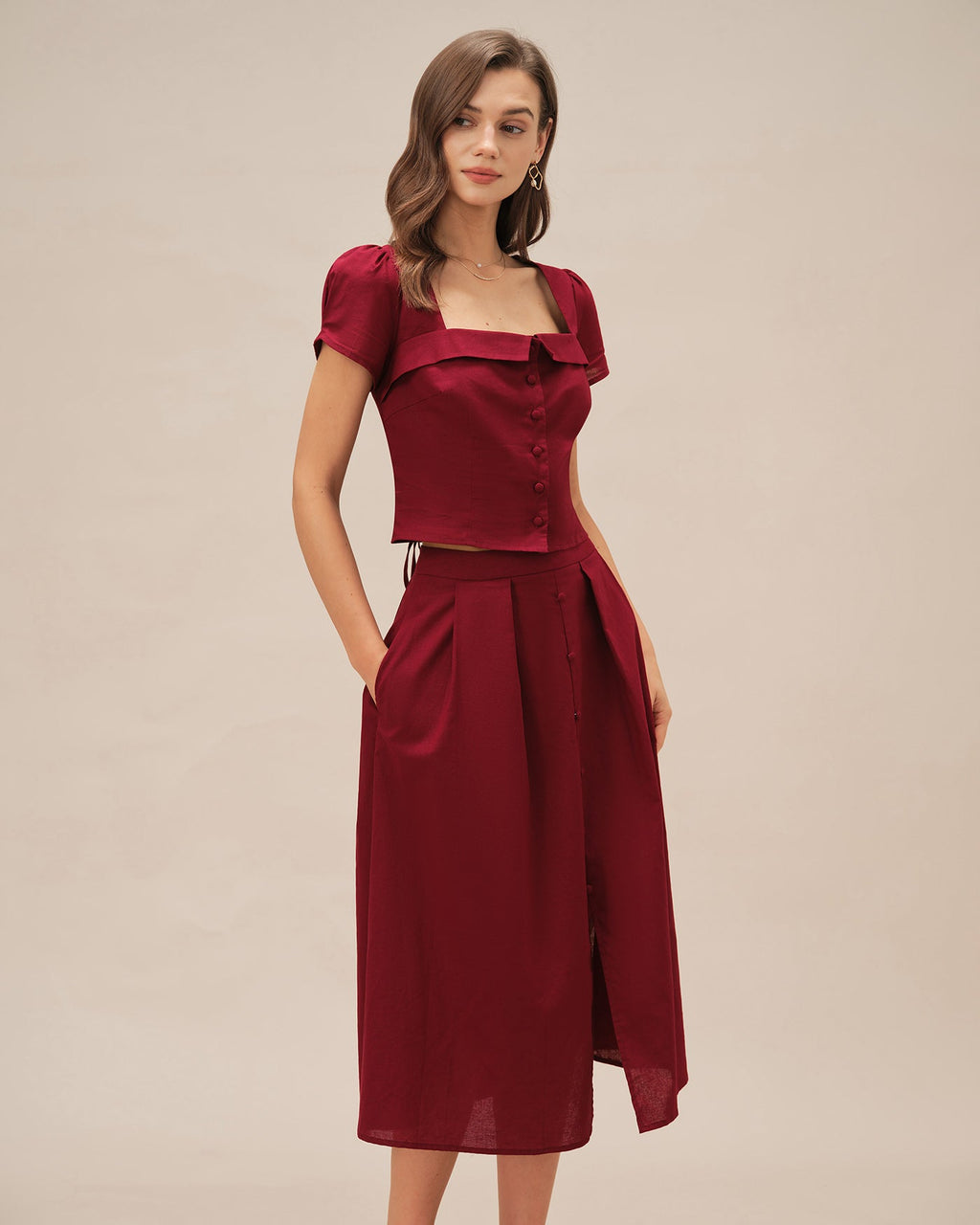 Blusa Roja Cuello Cuadrado Cruce en X Con Lazo
