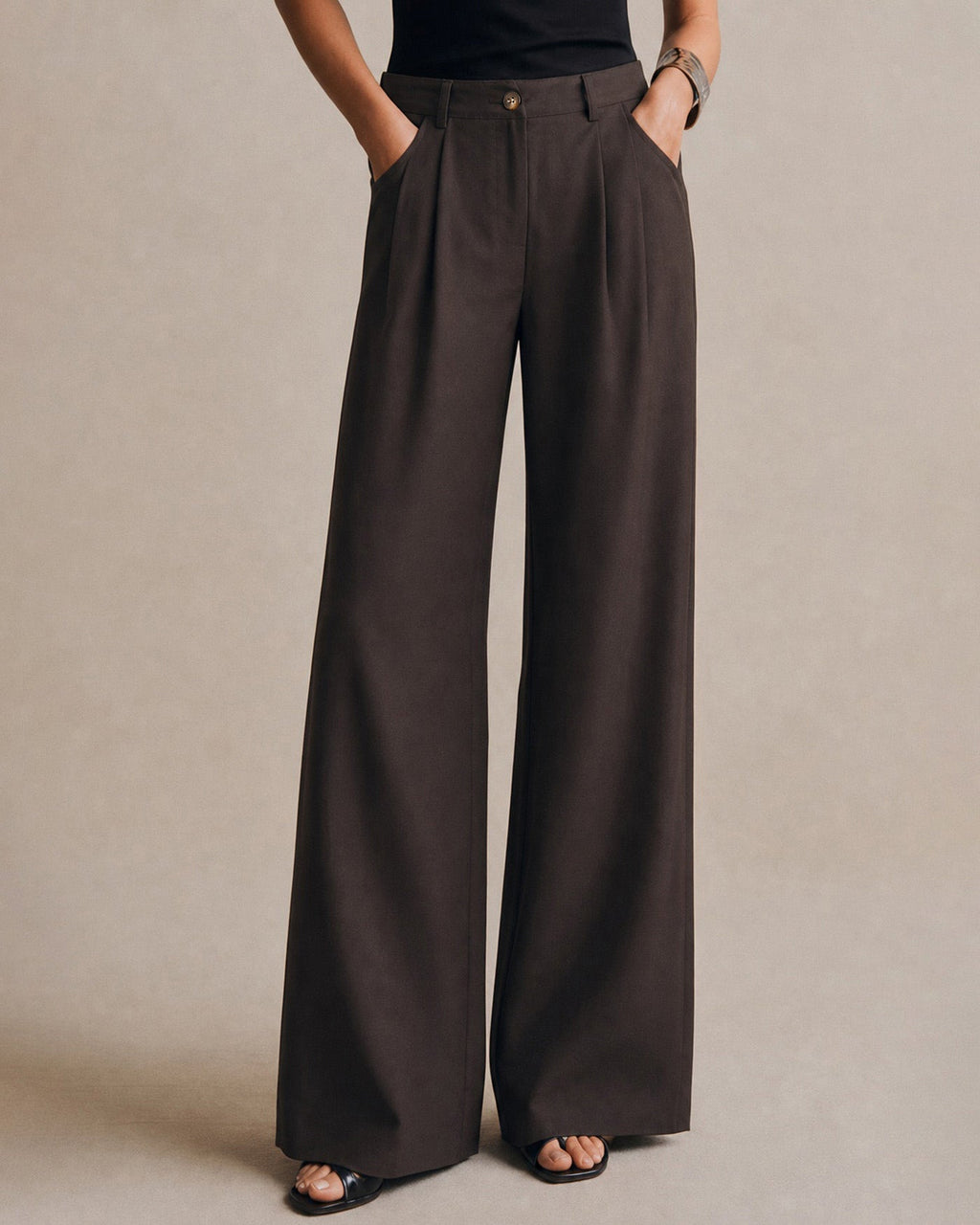 Pantalones Café Bolsillos Botones Recto