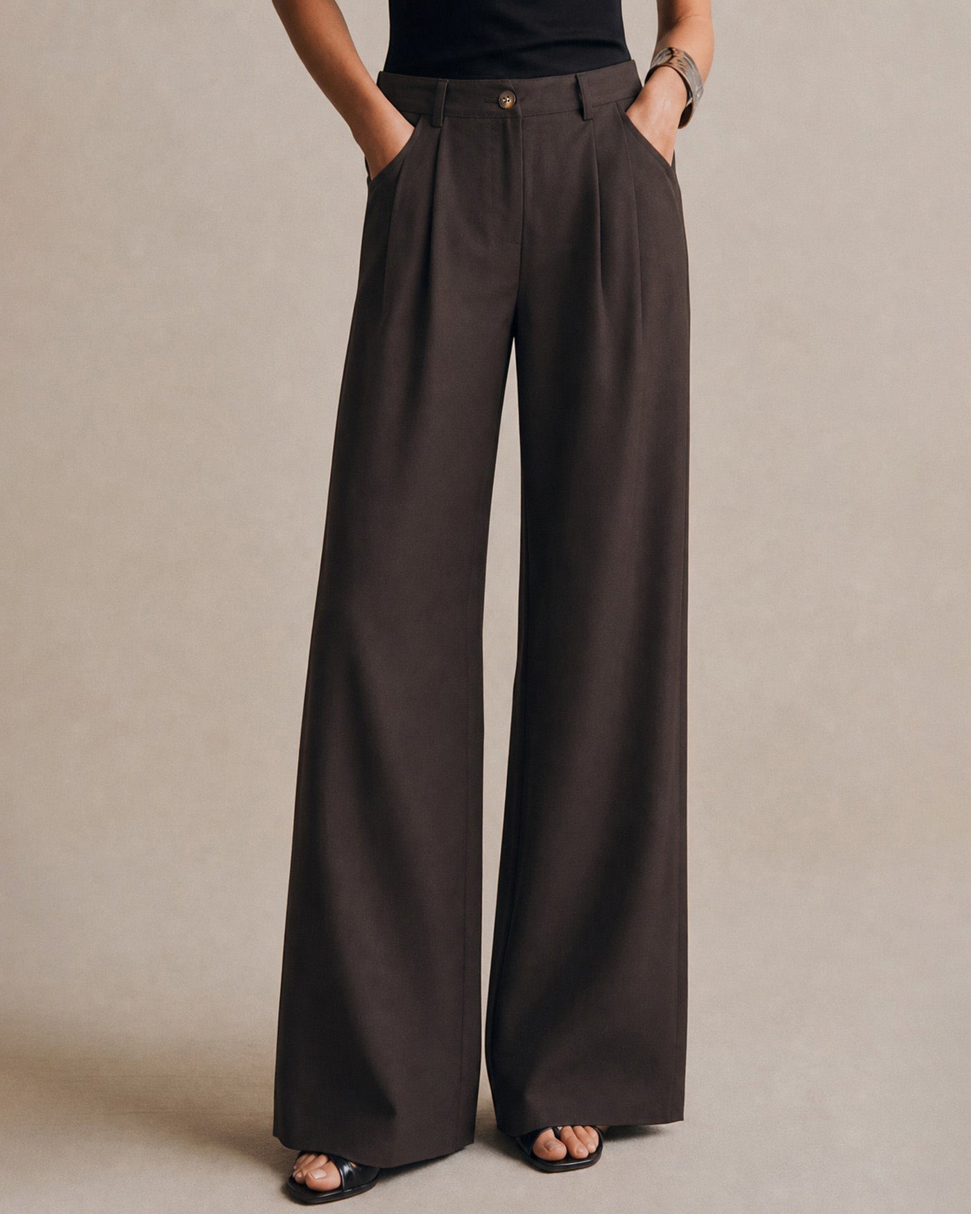 Pantalones Café Bolsillos Botones Recto