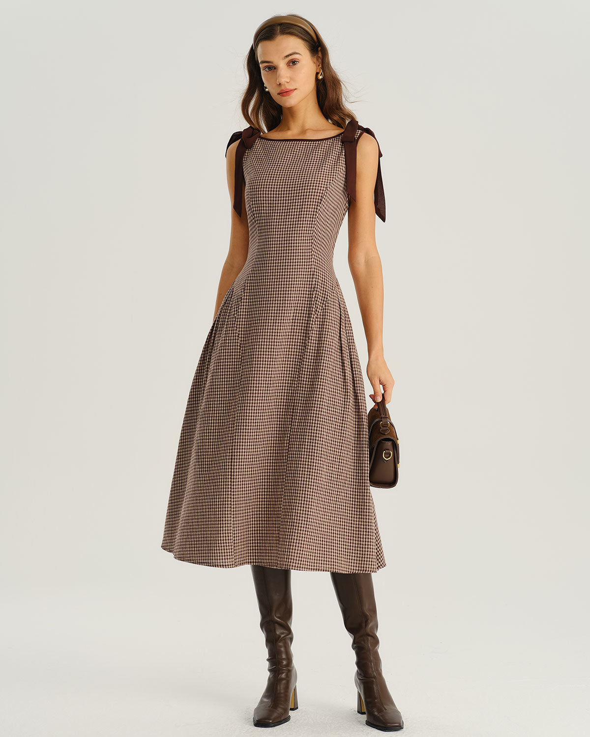 Vestido Midi Marrón Cuadros Cuello Barco Evasé