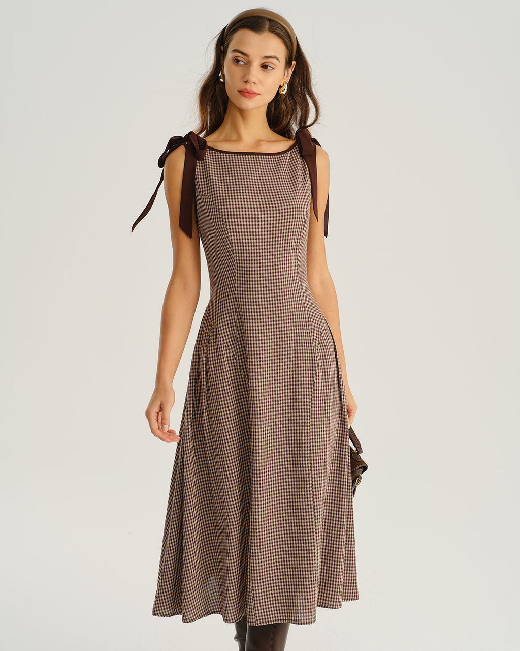 Vestido Midi Marrón Cuadros Cuello Barco Evasé