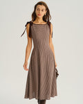 Vestido Midi Marrón Cuadros Cuello Barco Evasé