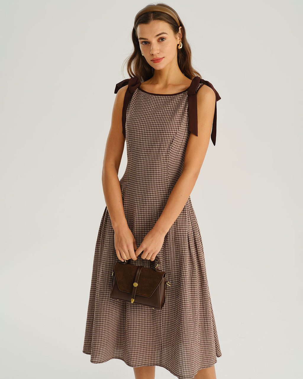Vestido Midi Marrón Cuadros Cuello Barco Evasé