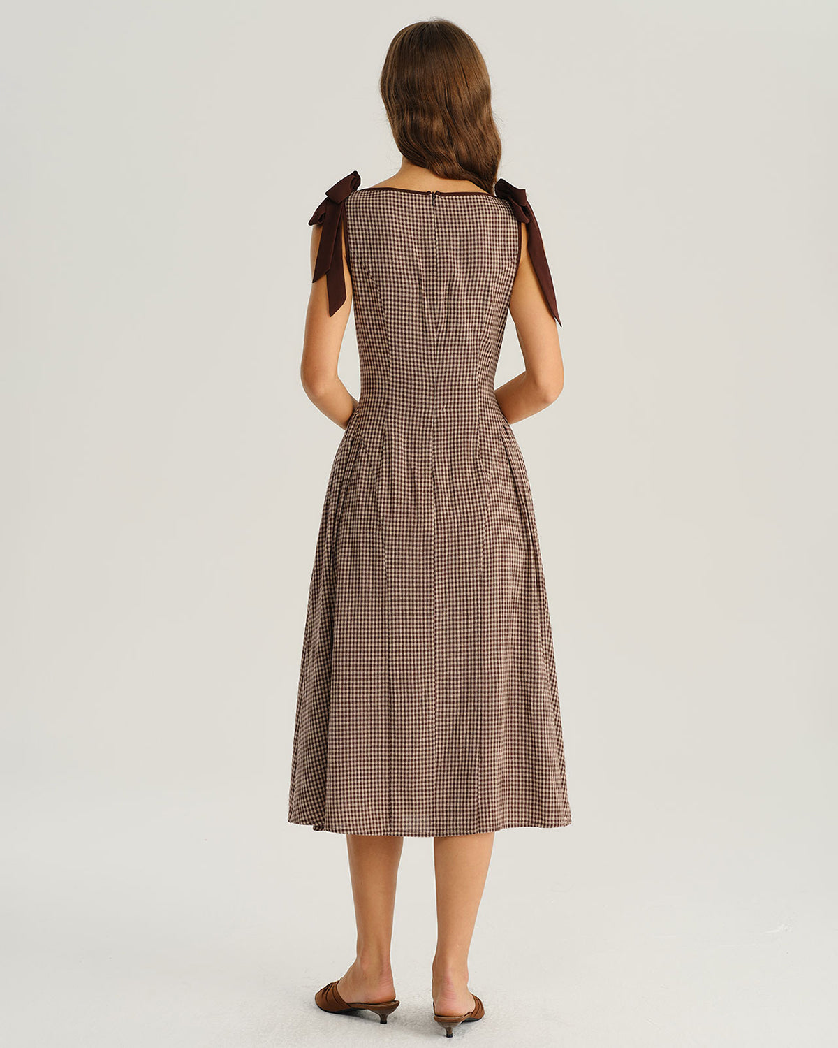 Vestido Midi Marrón Cuadros Cuello Barco Evasé