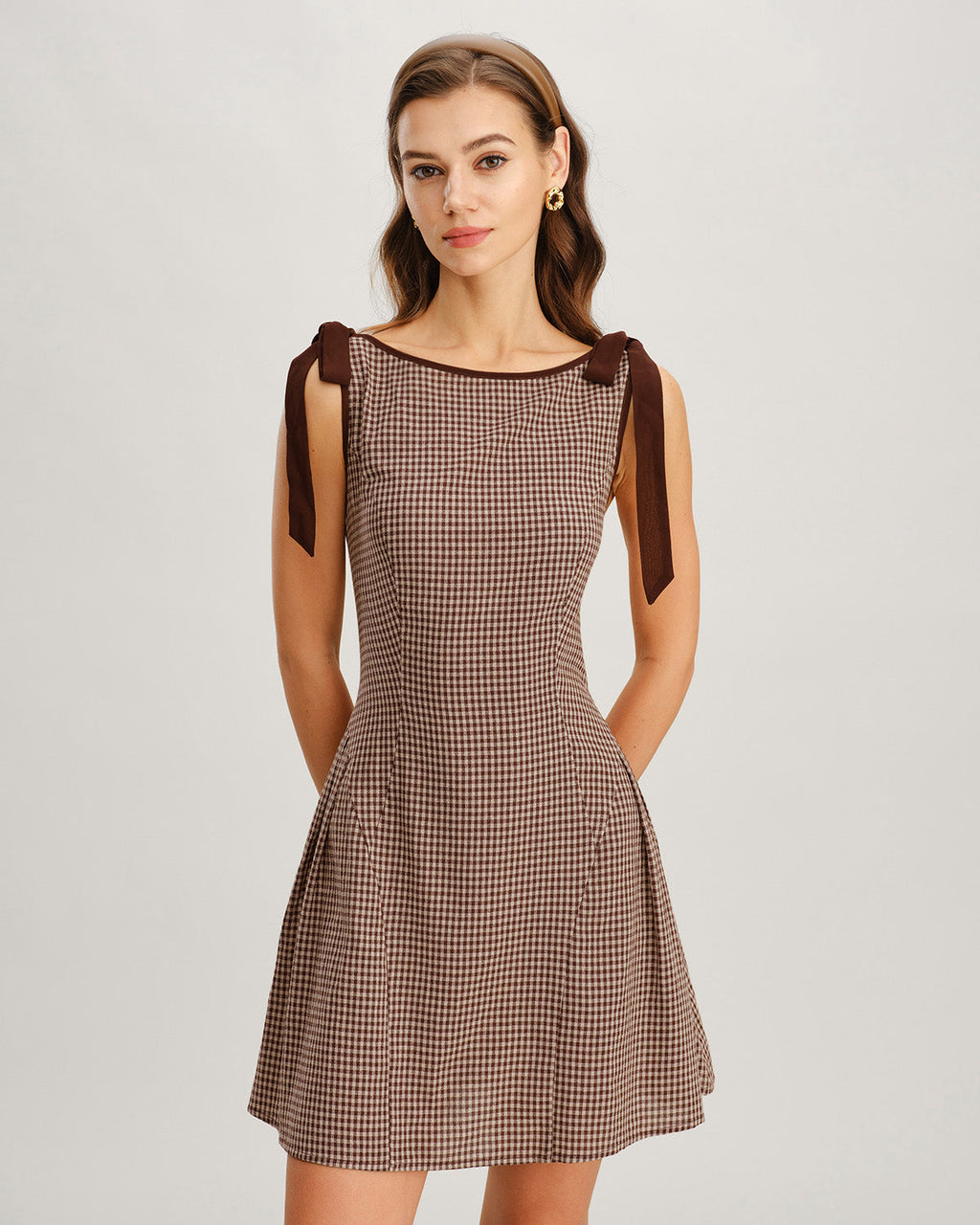 Vestido Mini Marrón Vichy Tirantes con Lazo