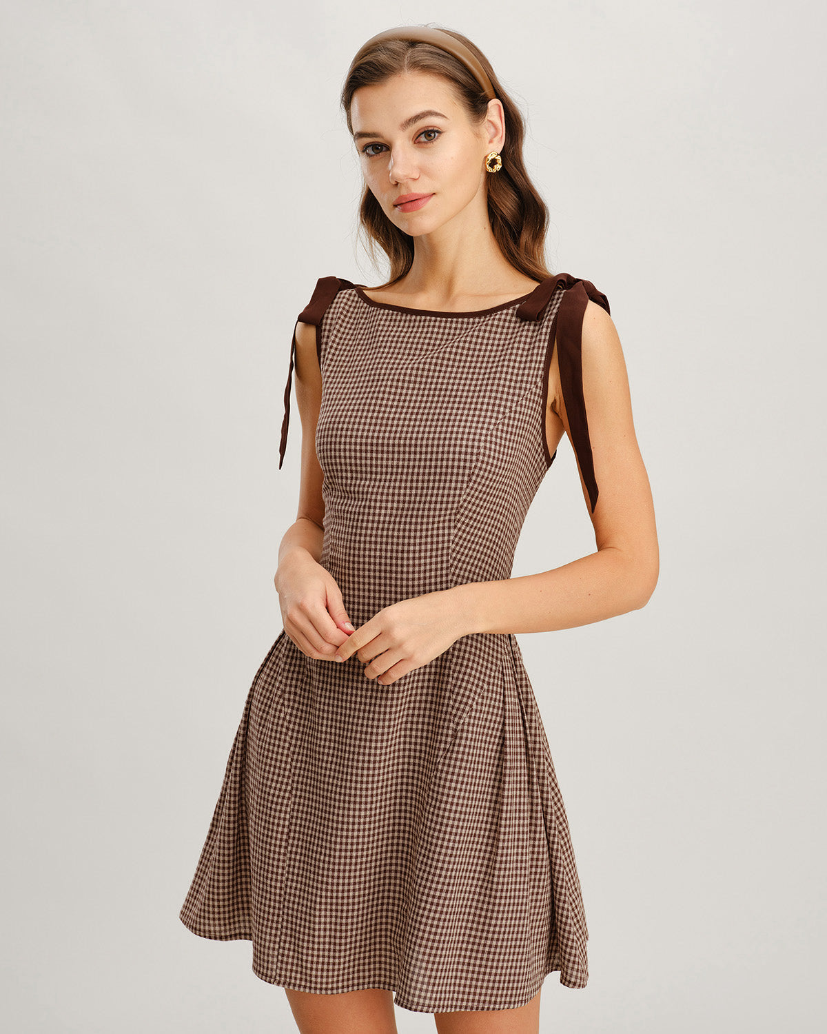 Vestido Mini Marrón Vichy Tirantes con Lazo