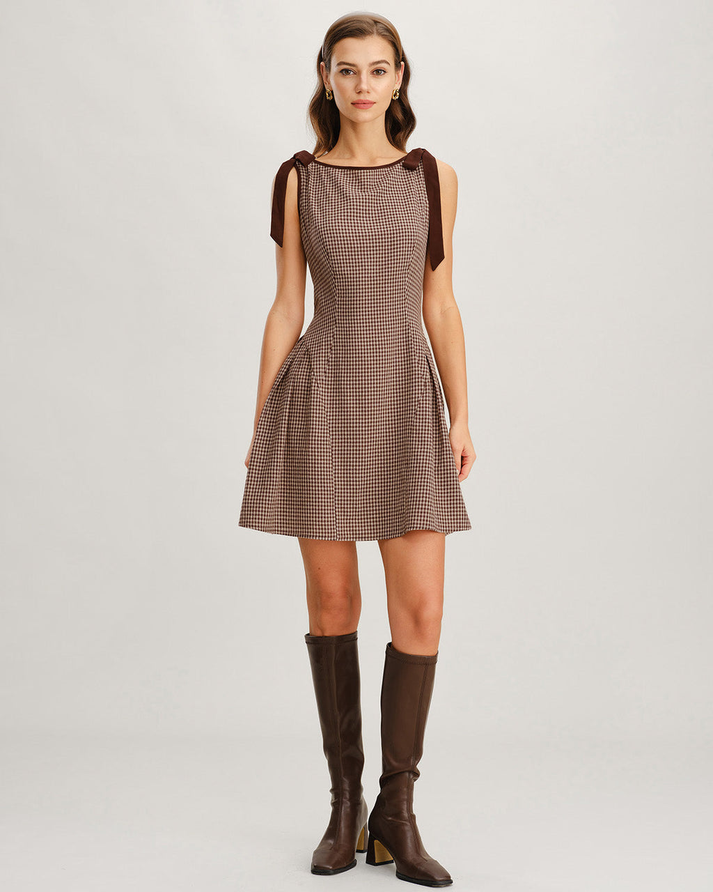 Vestido Mini Marrón Vichy Tirantes con Lazo