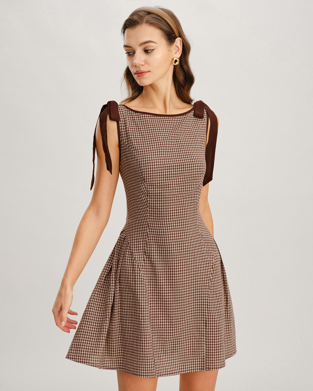 Vestido Mini Marrón Vichy Tirantes con Lazo