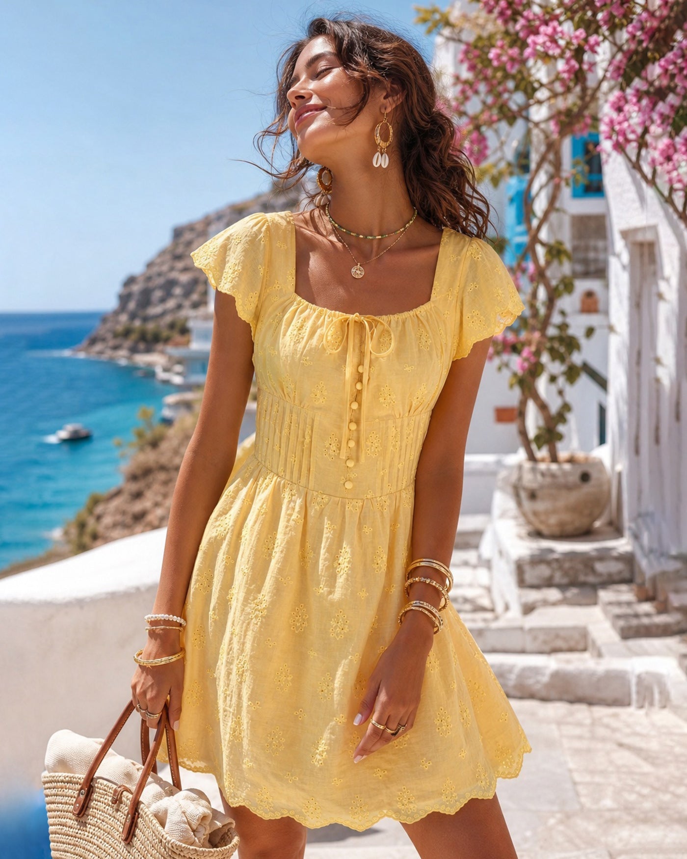 Vestido Mini Amarillo Cuello Cuadrado Con Lazo Botones