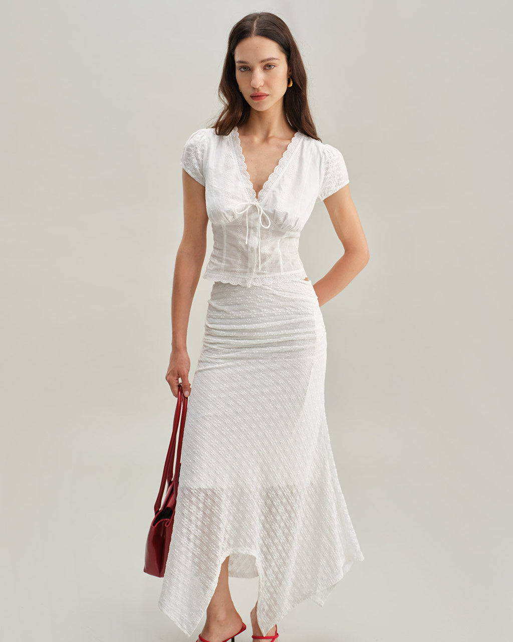 Blusa Blanca Texturizado Manga Corta Abullonada