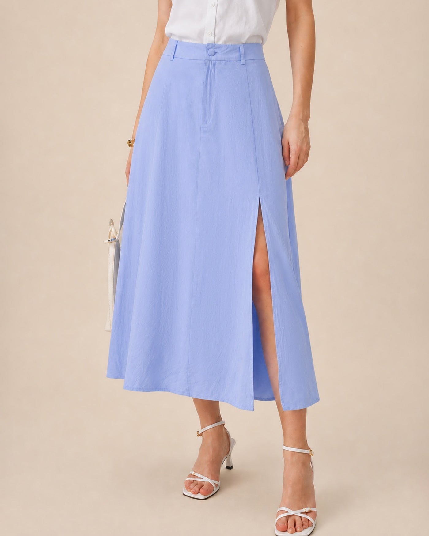 Falda Azul Botones Abertura Evasé Midi