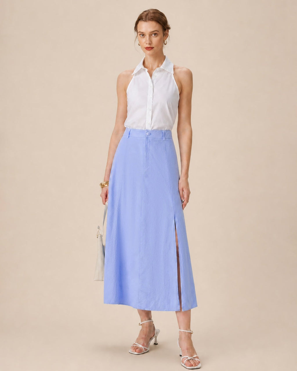 Falda Azul Botones Abertura Evasé Midi