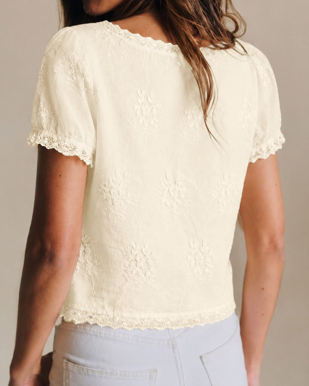 Camiseta Albaricoque Cuello Cuadrado Encaje Floral